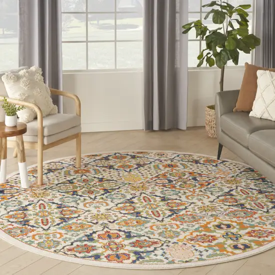 8' Ivory Round Floral Power Loom Area Rug Photo 5
