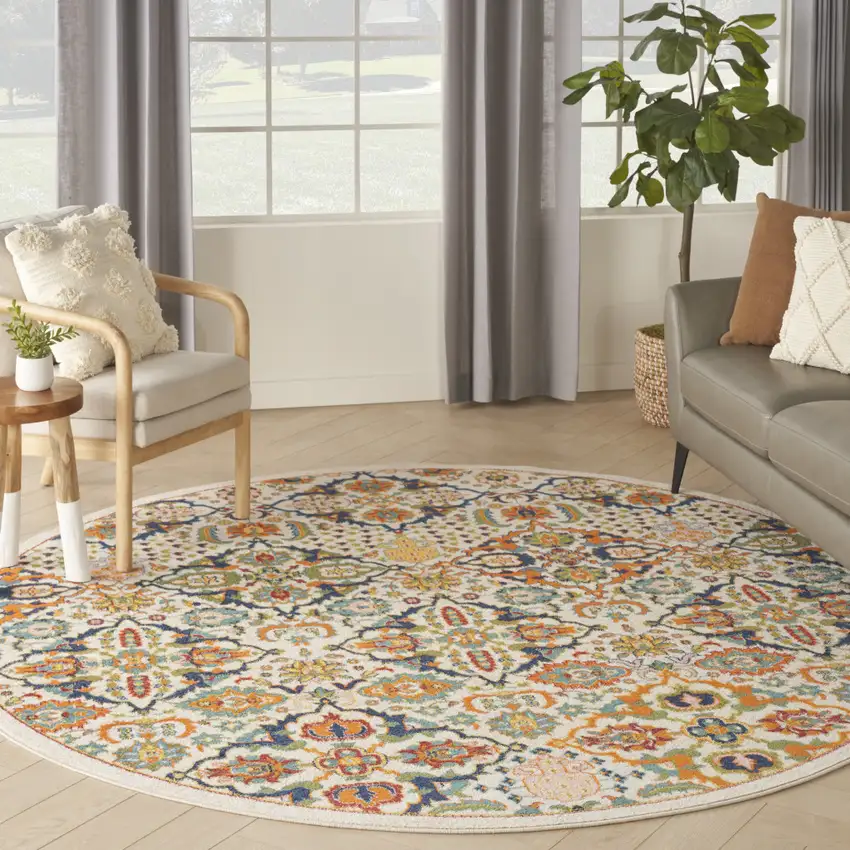 8' Ivory Round Floral Power Loom Area Rug Photo 5