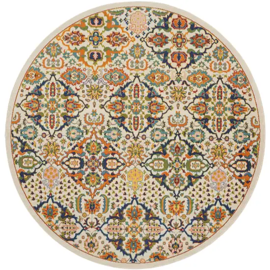 8' Ivory Round Floral Power Loom Area Rug Photo 4