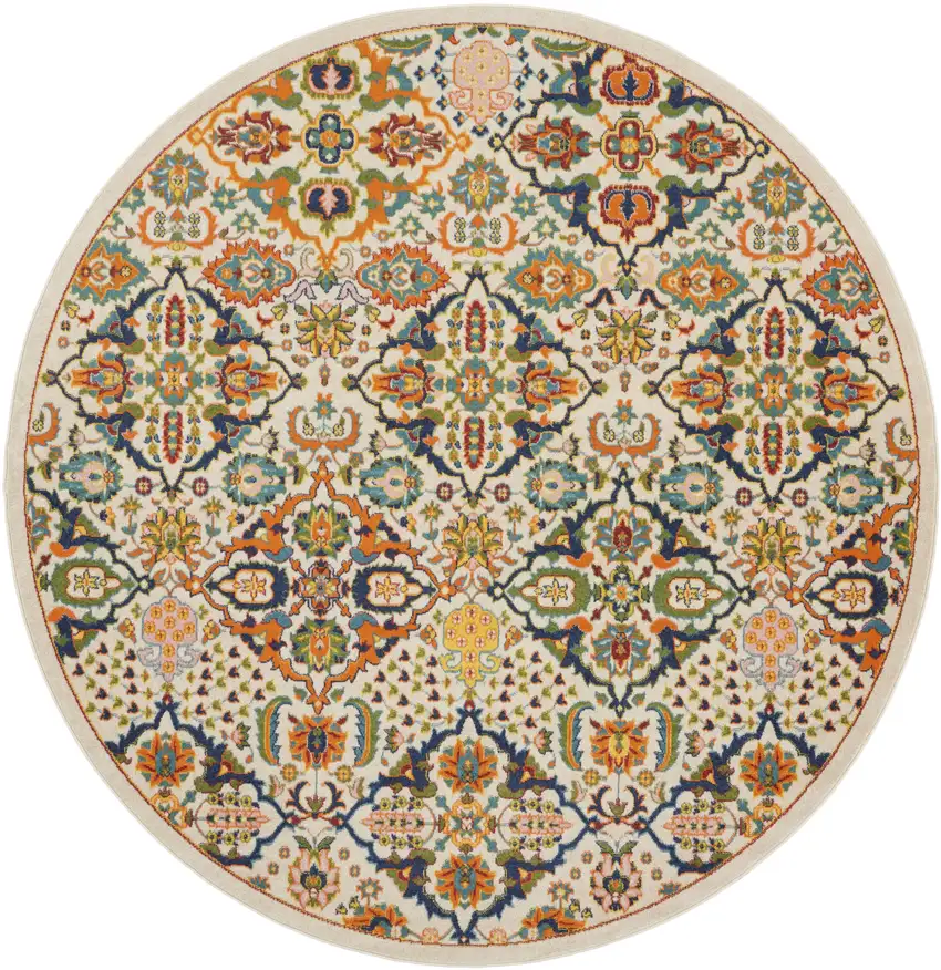 8' Ivory Round Floral Power Loom Area Rug Photo 4