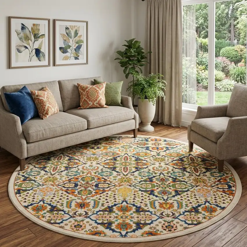 8' Ivory Round Floral Power Loom Area Rug Photo 1