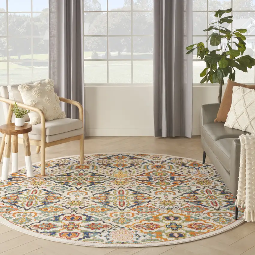 8' Ivory Round Floral Power Loom Area Rug Photo 9