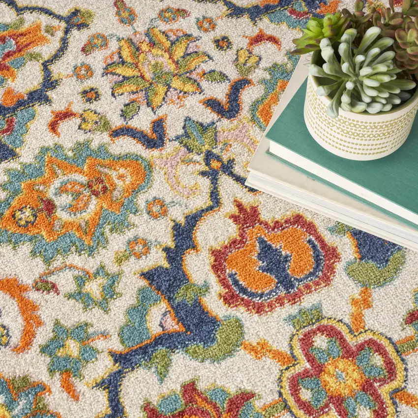 8' Ivory Round Floral Power Loom Area Rug Photo 9