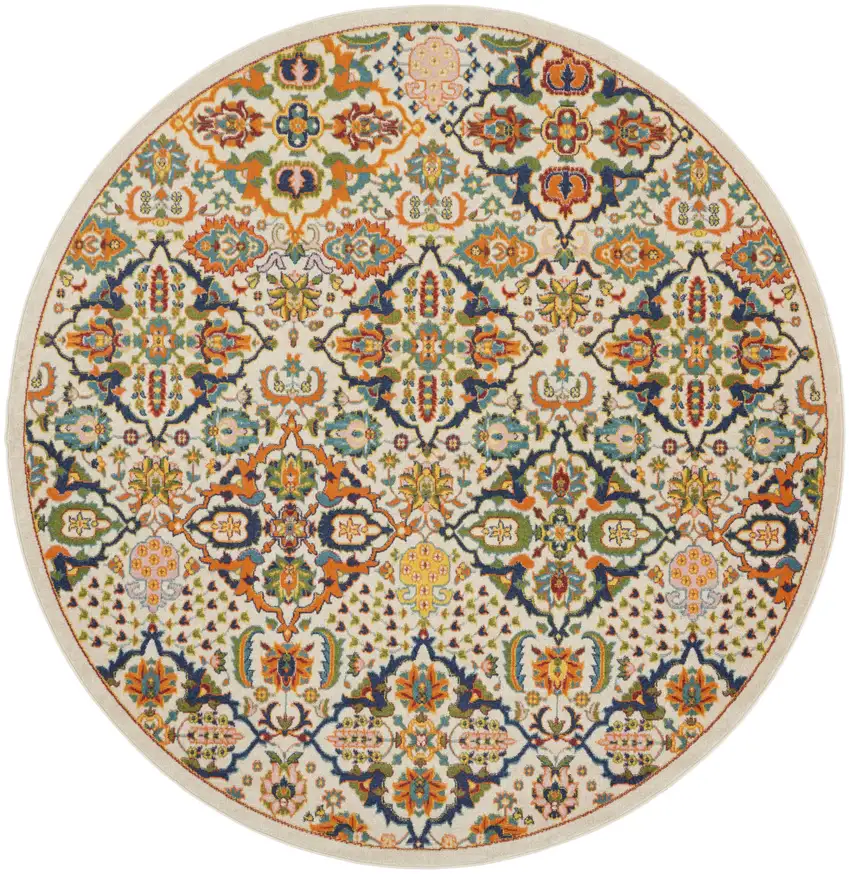8' Ivory Round Floral Power Loom Area Rug Photo 1