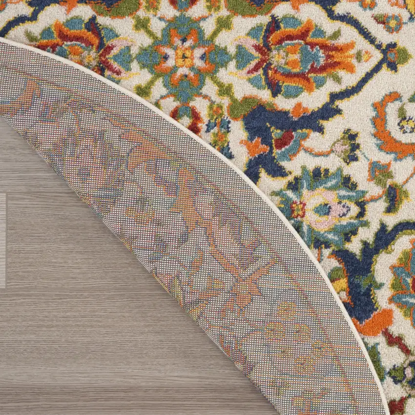 8' Ivory Round Floral Power Loom Area Rug Photo 8