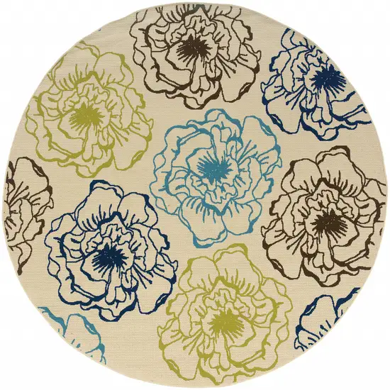 8' Ivory Round Floral Stain Resistant Indoor Outdoor Area Rug Photo 1