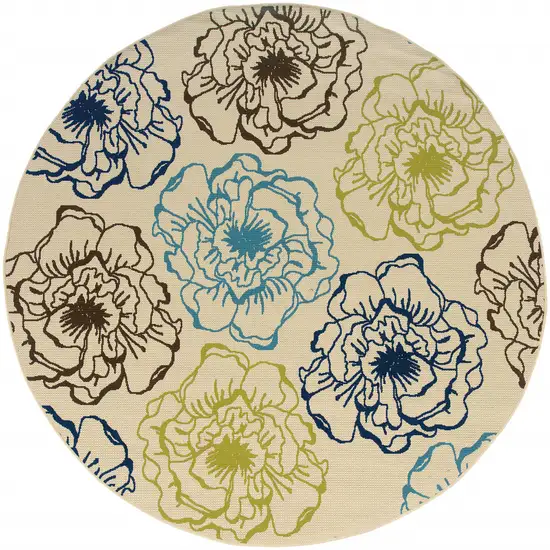 8' Ivory Round Floral Stain Resistant Indoor Outdoor Area Rug Photo 2