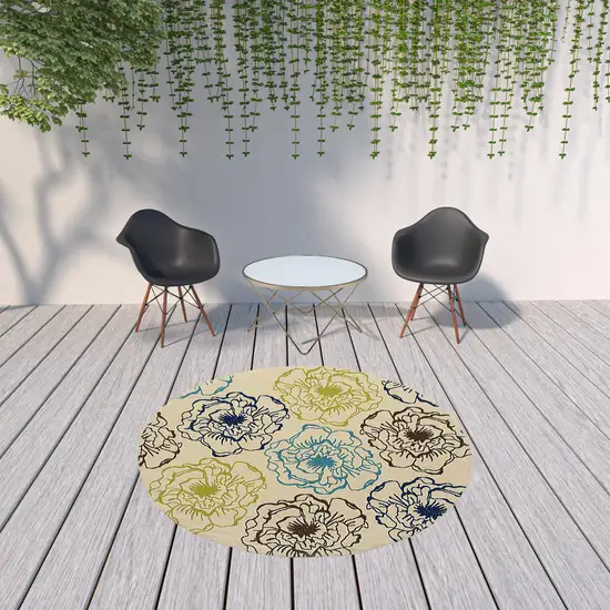 8' Ivory Round Floral Stain Resistant Indoor Outdoor Area Rug Photo 3