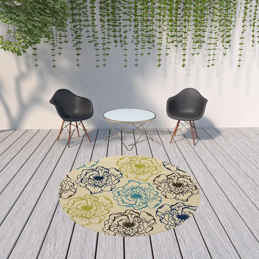 8' Ivory Round Floral Stain Resistant Indoor Outdoor Area Rug Photo 3