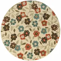 Photo of 8' Ivory Round Floral Stain Resistant Indoor Outdoor Area Rug