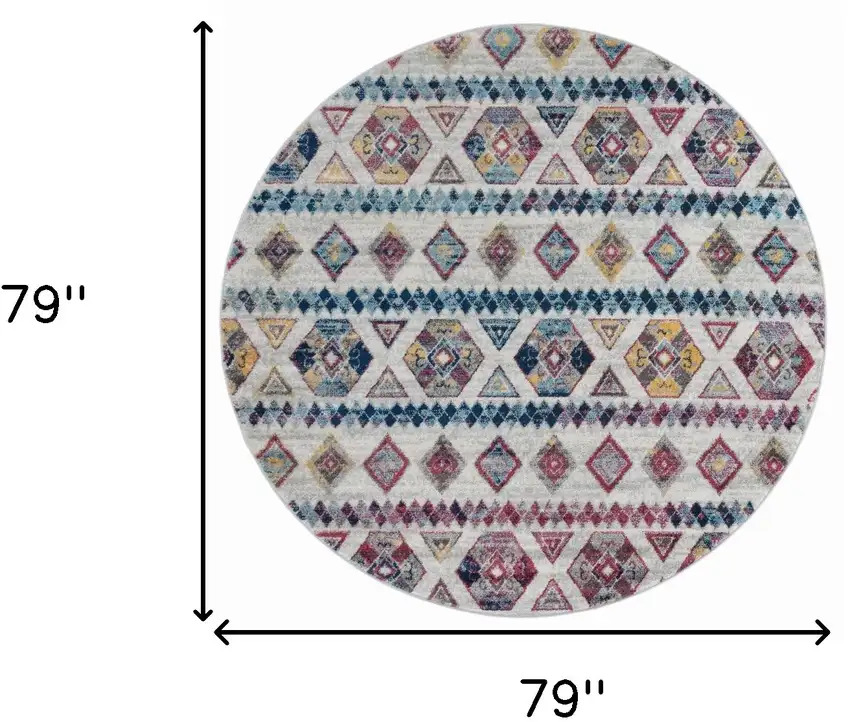 6' Ivory Round Geometric Power Loom Area Rug Photo 6