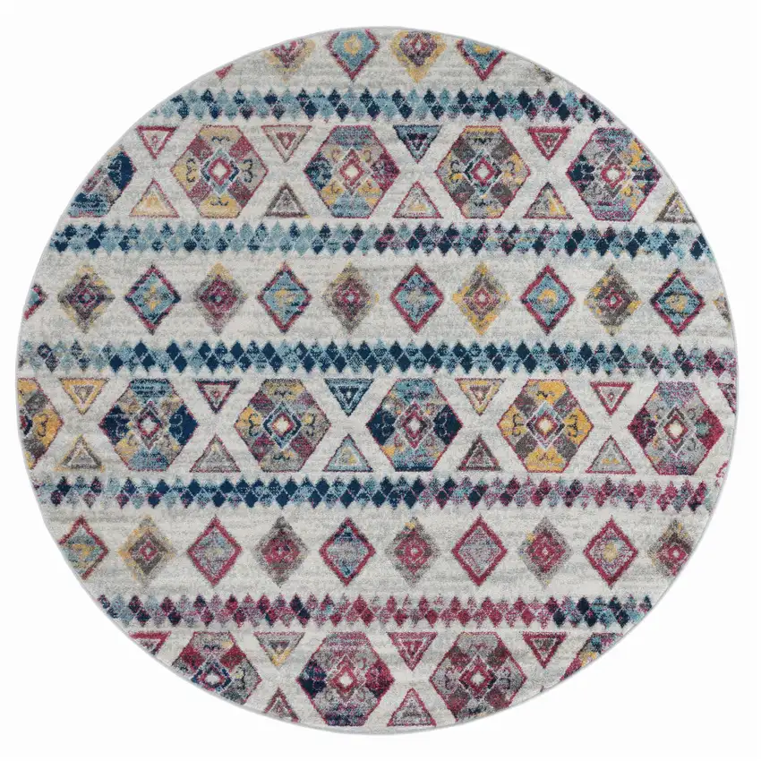 6' Ivory Round Geometric Power Loom Area Rug Photo 1