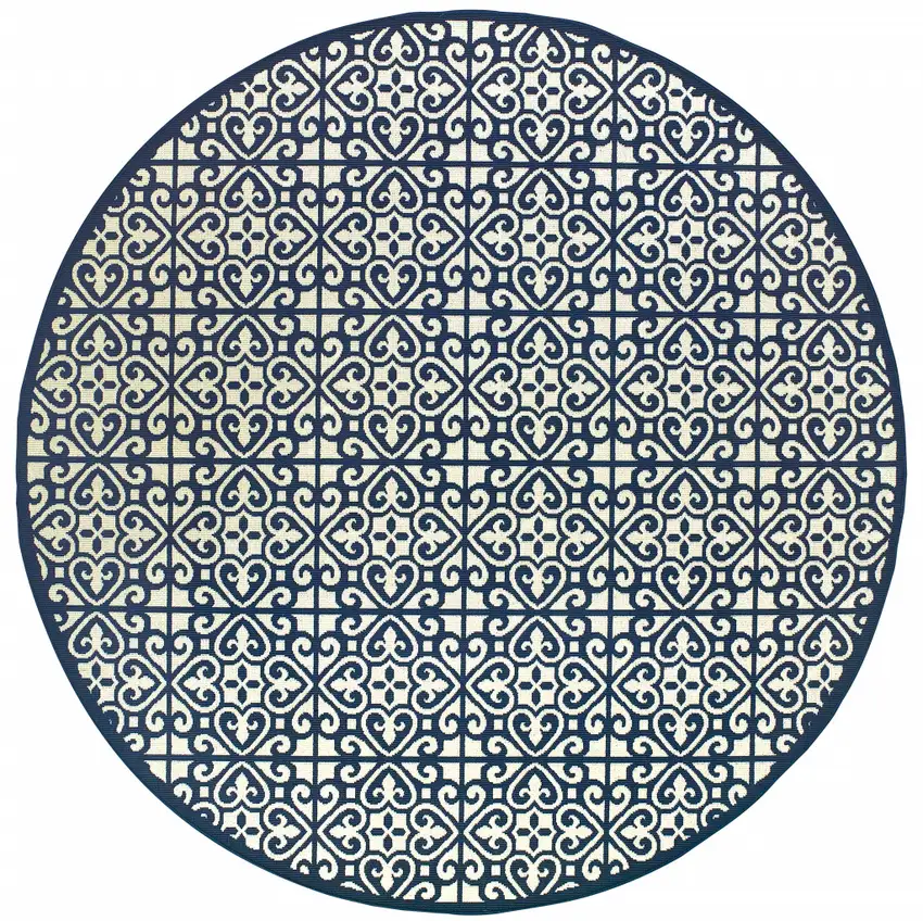 8' Ivory Round Geometric Stain Resistant Indoor Outdoor Area Rug Photo 1