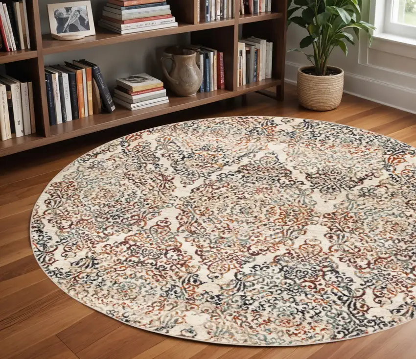 8' Ivory Round Oriental Area Rug Photo 1