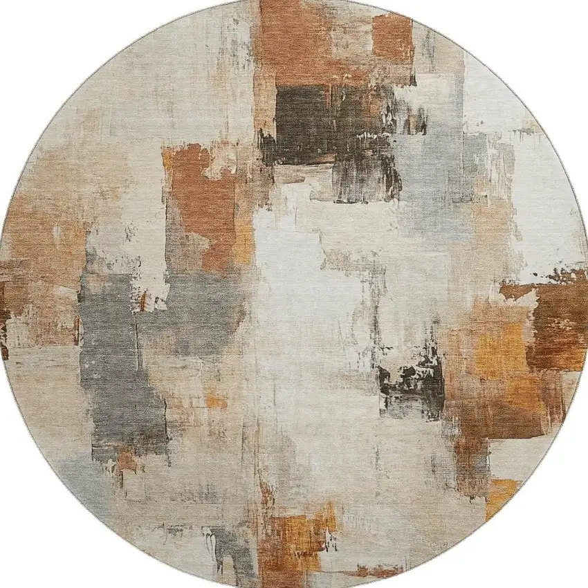 8' Ivory Rust And Beige Abstract Washable Round Rug With UV Protection Photo 4