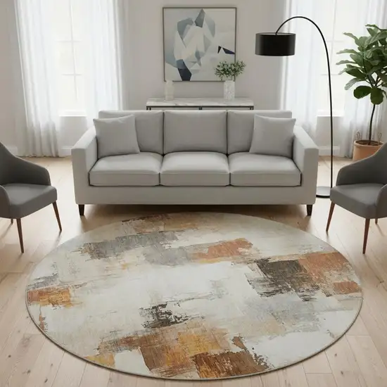 8' Ivory Rust And Beige Abstract Washable Round Rug With UV Protection Photo 2