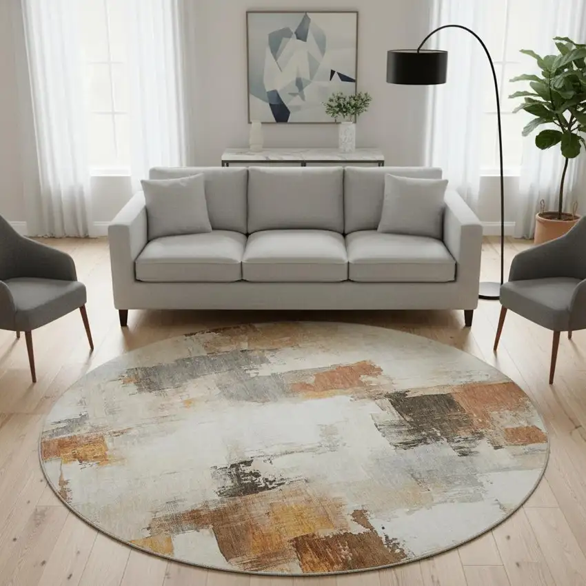 8' Ivory Rust And Beige Abstract Washable Round Rug With UV Protection Photo 2