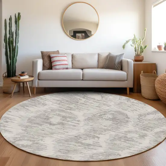 8' Ivory Silver And Taupe Round Abstract Washable Indoor Outdoor Area Rug Photo 7