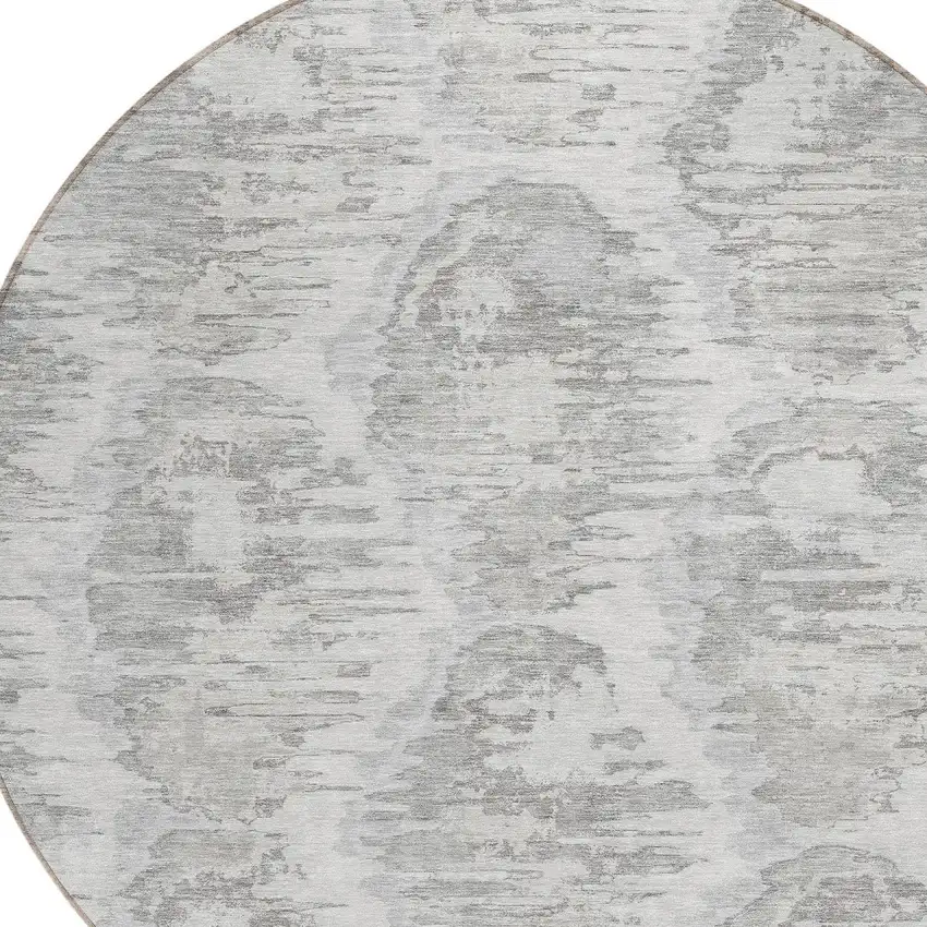 8' Ivory Silver And Taupe Round Abstract Washable Indoor Outdoor Area Rug Photo 4