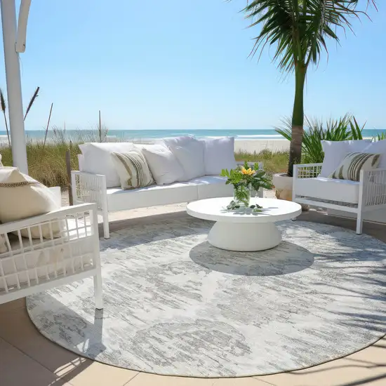 8' Ivory Silver And Taupe Round Abstract Washable Indoor Outdoor Area Rug Photo 6