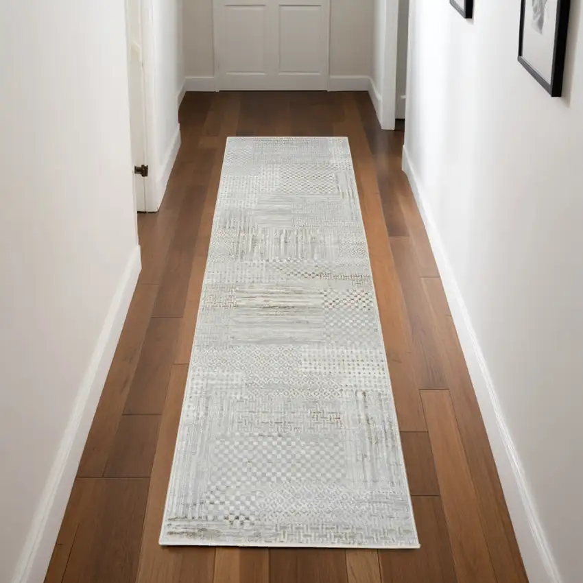8' Ivory Silver and Gray Abstract Non Skid Runner Rug Photo 1