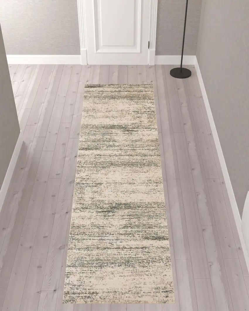 10' Ivory Striped Power Loom Runner Rug Photo 2