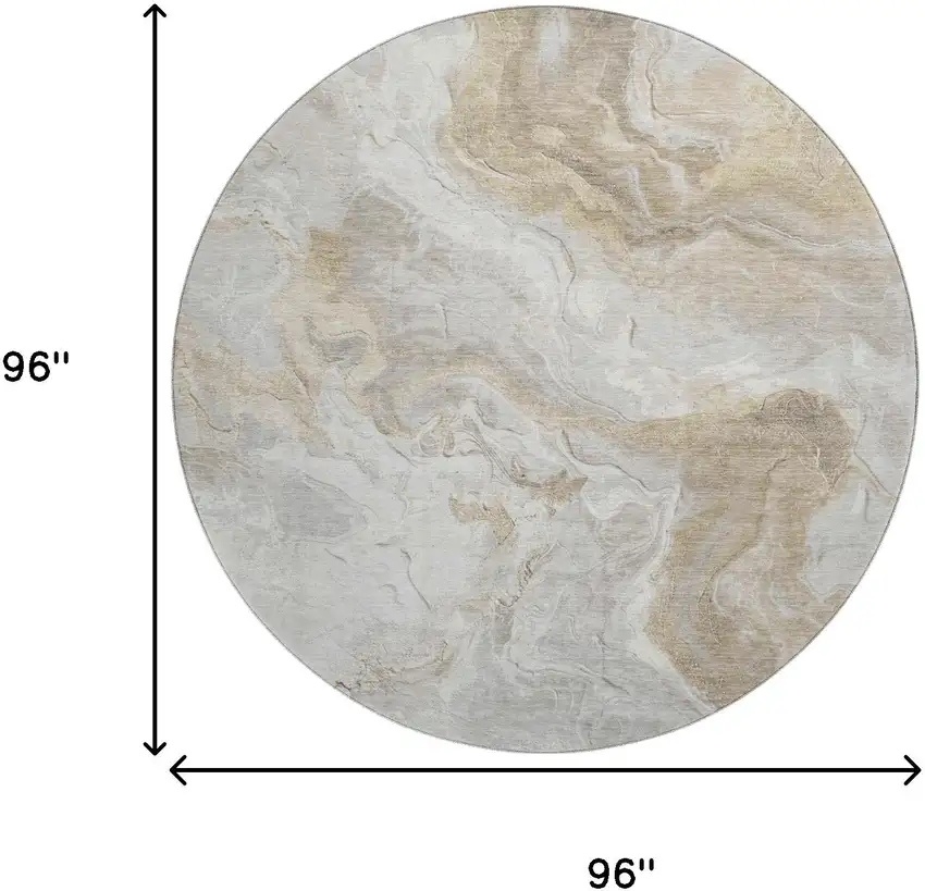 8' Ivory Tan And Beige Abstract Washable Round Rug With UV Protection Photo 9