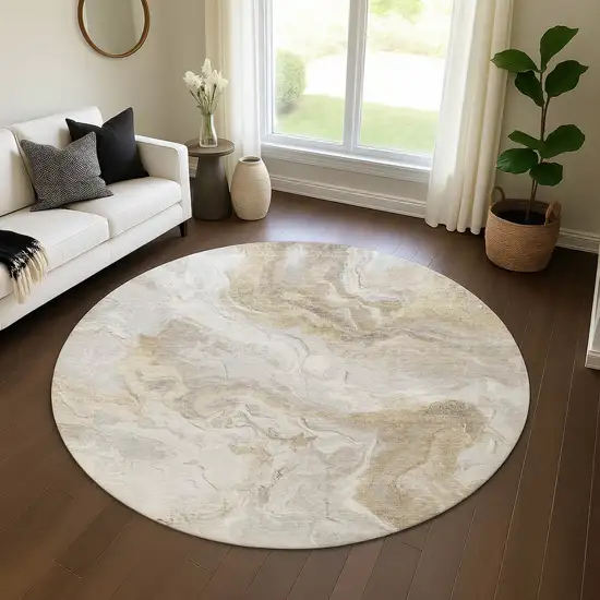 8' Ivory Tan And Beige Abstract Washable Round Rug With UV Protection Photo 4