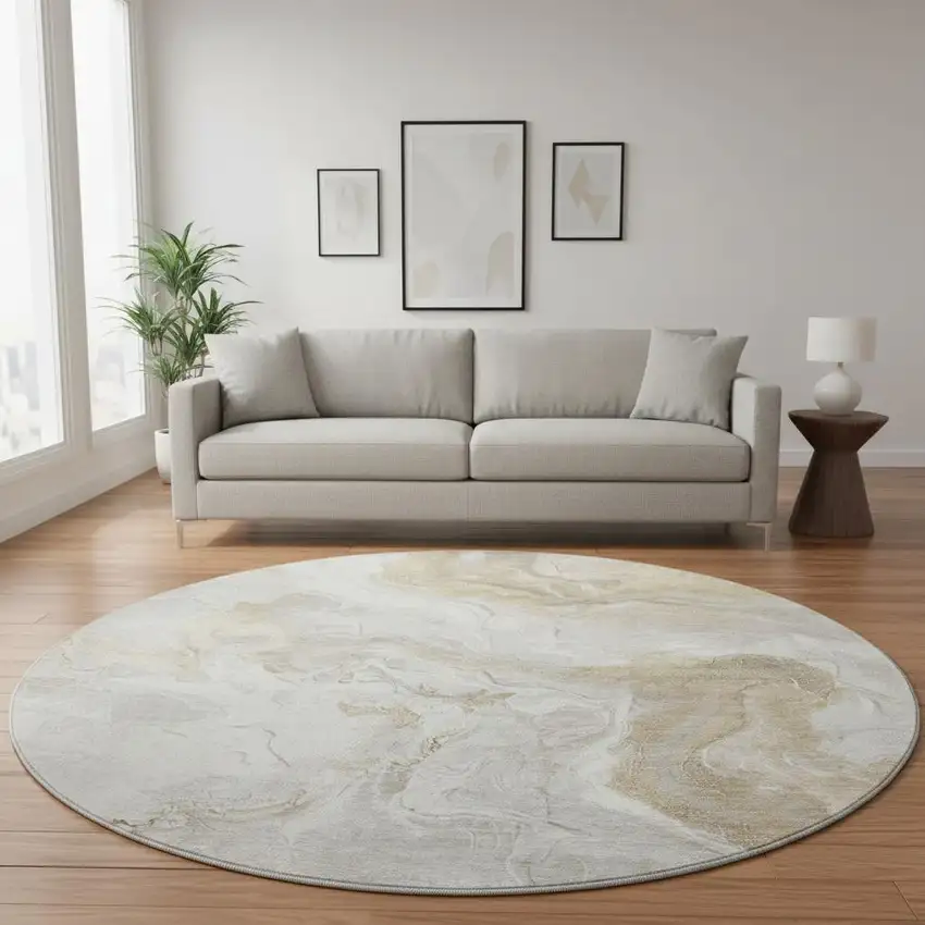 8' Ivory Tan And Beige Abstract Washable Round Rug With UV Protection Photo 2
