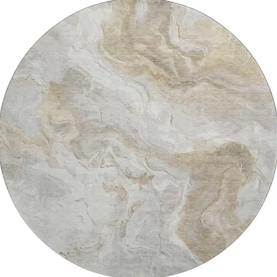8' Ivory Tan And Beige Abstract Washable Round Rug With UV Protection Photo 2