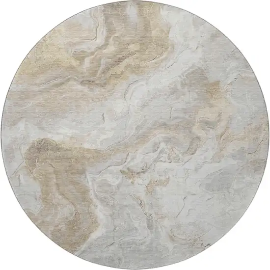 8' Ivory Tan And Beige Abstract Washable Round Rug With UV Protection Photo 3
