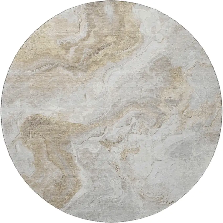 8' Ivory Tan And Beige Abstract Washable Round Rug With UV Protection Photo 3