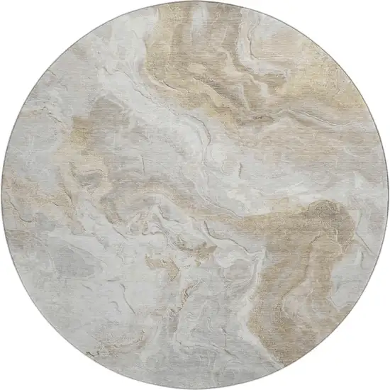8' Ivory Tan And Beige Abstract Washable Round Rug With UV Protection Photo 1