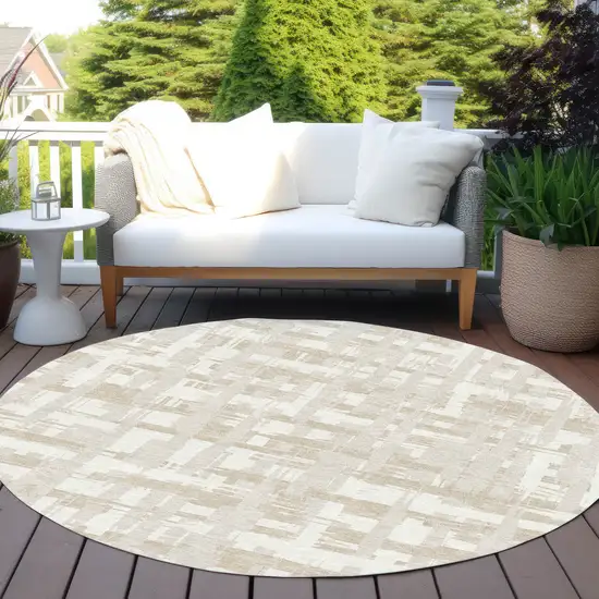 8' Ivory Tan And Beige Round Striped Washable Indoor Outdoor Area Rug Photo 6