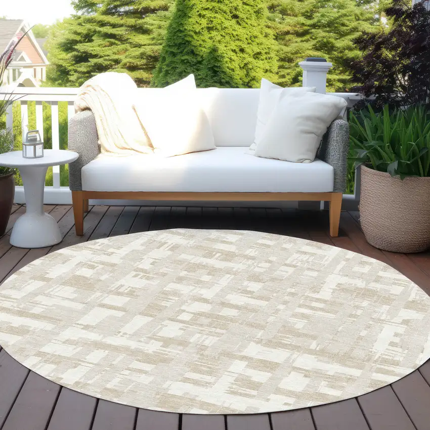 8' Ivory Tan And Beige Round Striped Washable Indoor Outdoor Area Rug Photo 6
