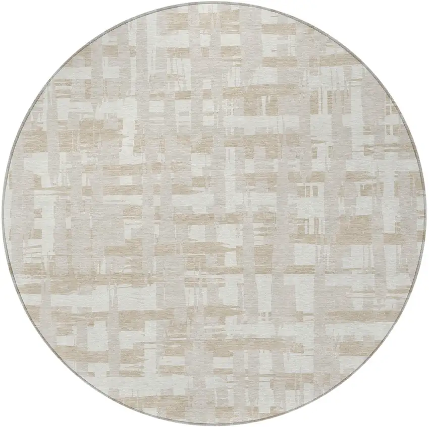 8' Ivory Tan And Beige Round Striped Washable Indoor Outdoor Area Rug Photo 4