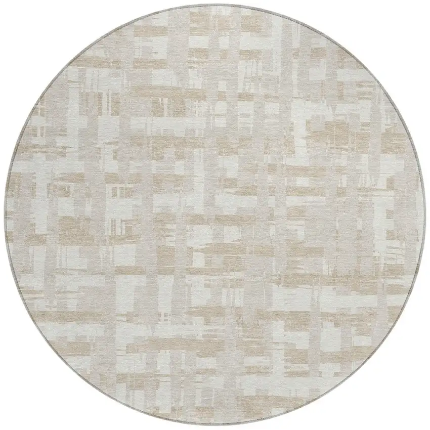 8' Ivory Tan And Beige Round Striped Washable Indoor Outdoor Area Rug Photo 3