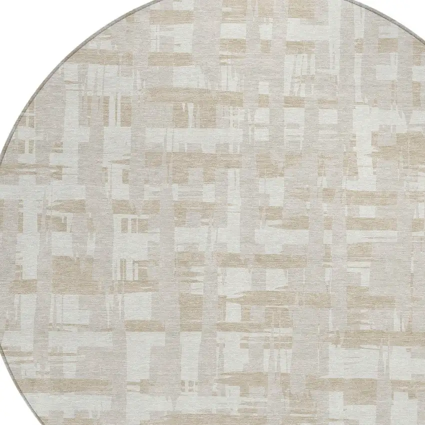 8' Ivory Tan And Beige Round Striped Washable Indoor Outdoor Area Rug Photo 9