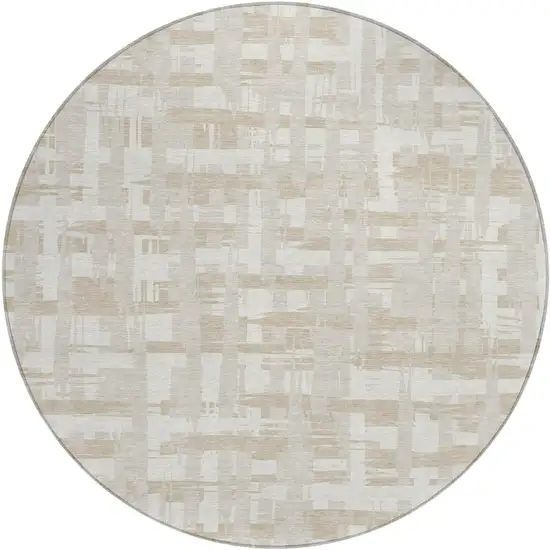 8' Ivory Tan And Beige Round Striped Washable Indoor Outdoor Area Rug Photo 1