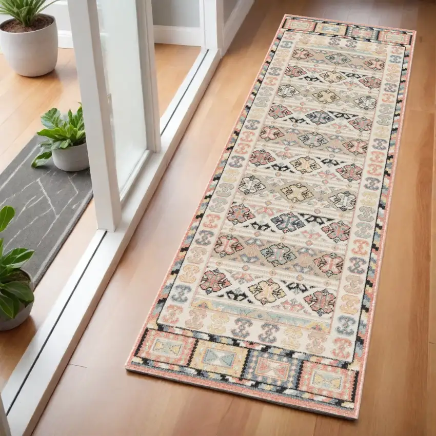 6' Ivory Tan And Black Geometric Flatweave Runner Rug Photo 1