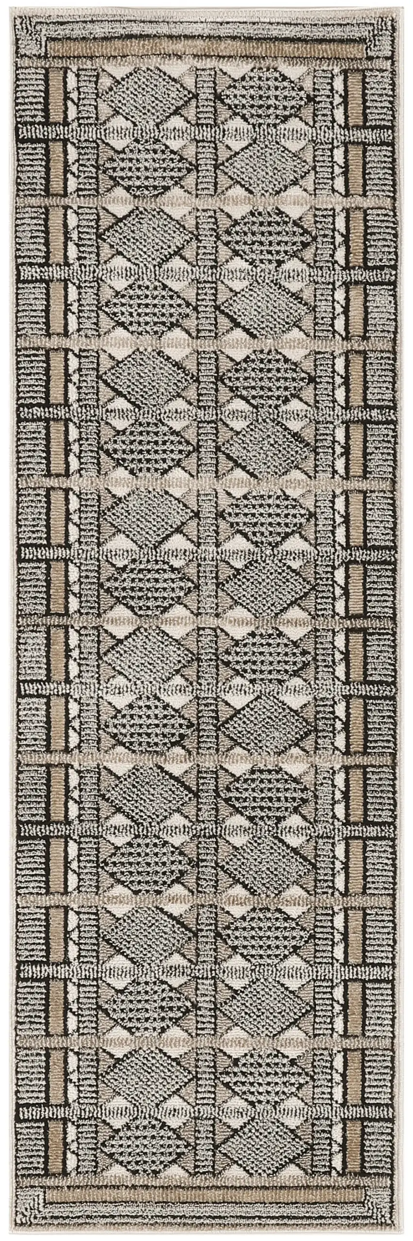 6' Ivory Tan And Black Geometric Runner Rug Photo 6