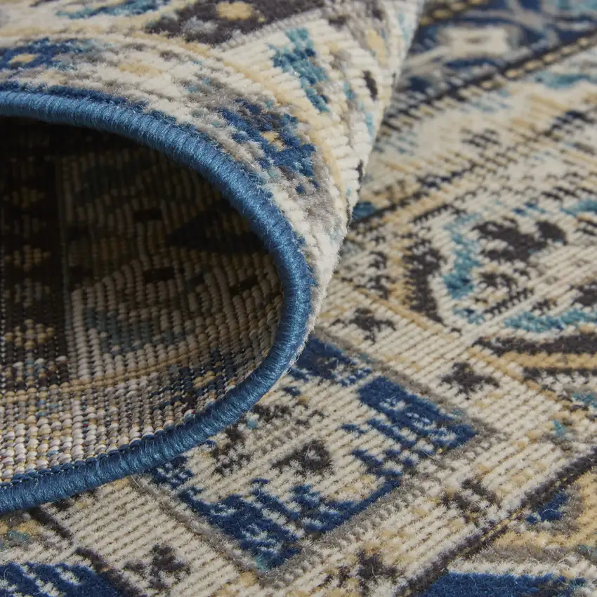 8' Ivory Tan And Blue Abstract Power Loom Distressed Stain Resistant Runner Rug Photo 6