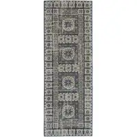 Photo of 8' Ivory Tan And Blue Abstract Power Loom Distressed Stain Resistant Runner Rug
