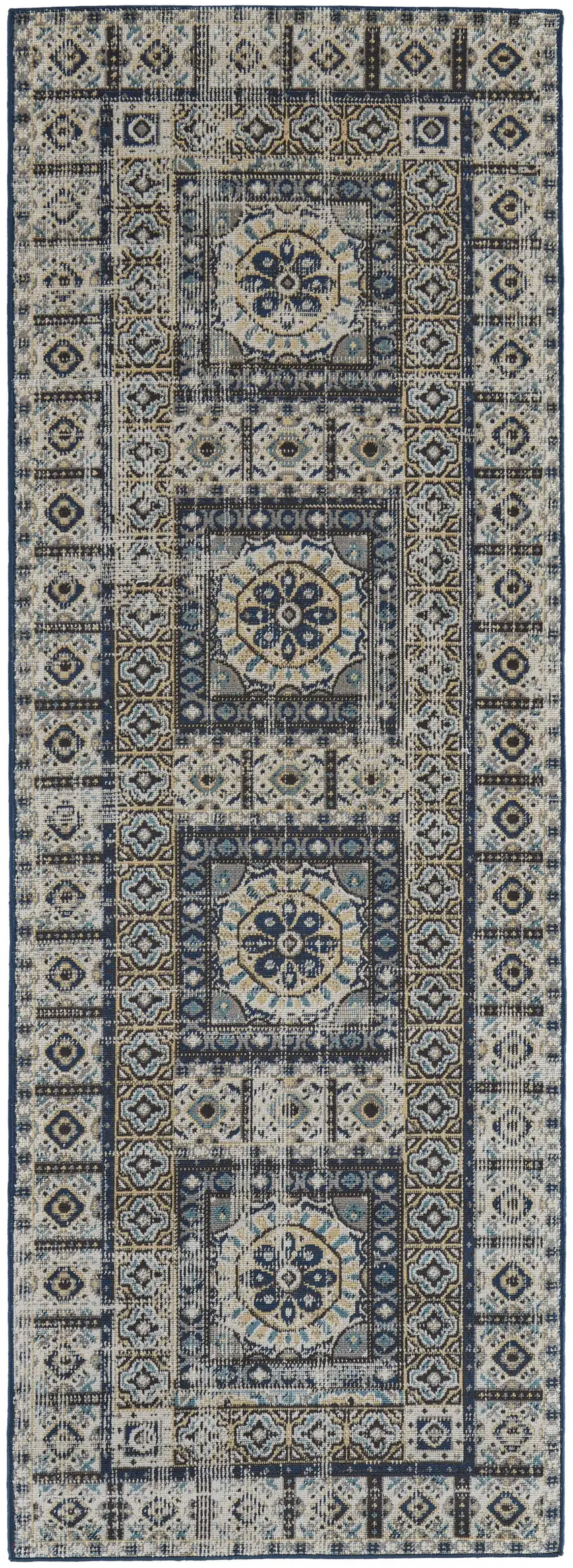 8' Ivory Tan And Blue Abstract Power Loom Distressed Stain Resistant Runner Rug Photo 1