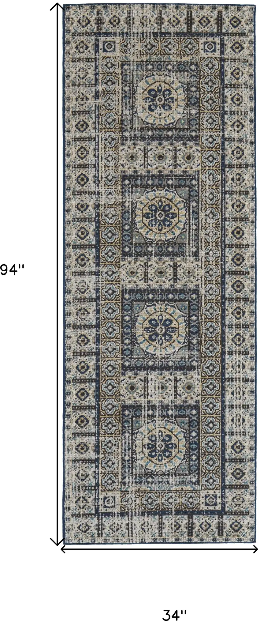 8' Ivory Tan And Blue Abstract Power Loom Distressed Stain Resistant Runner Rug Photo 7