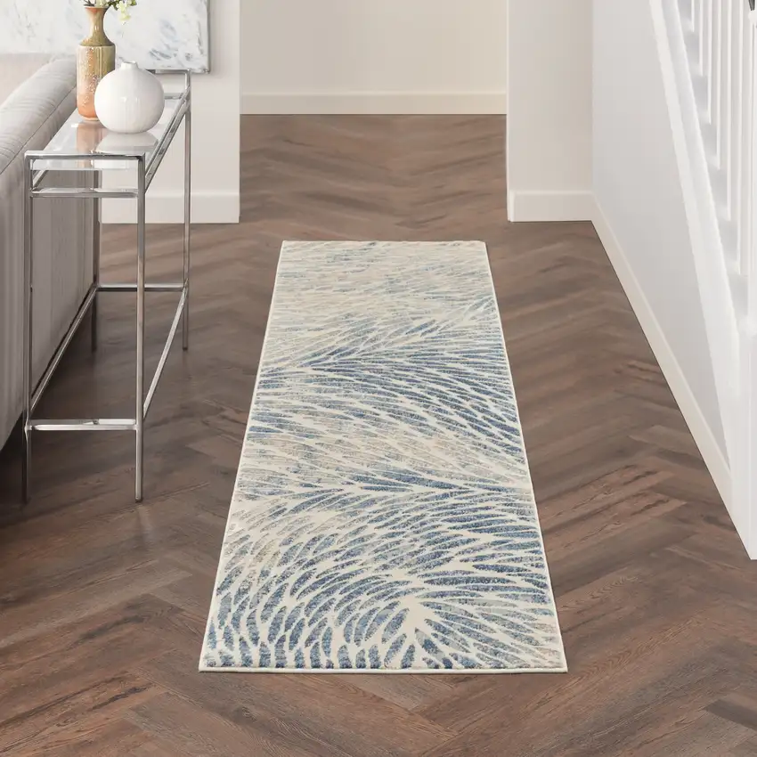 8' Ivory Tan And Blue Abstract Runner Rug Photo 3