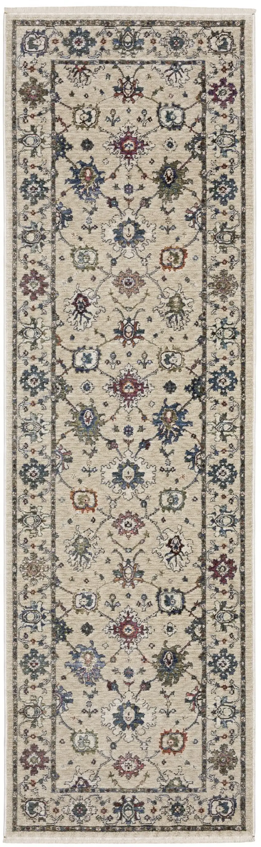 8' Ivory Tan And Blue Floral Runner Rug With Fringe Photo 4