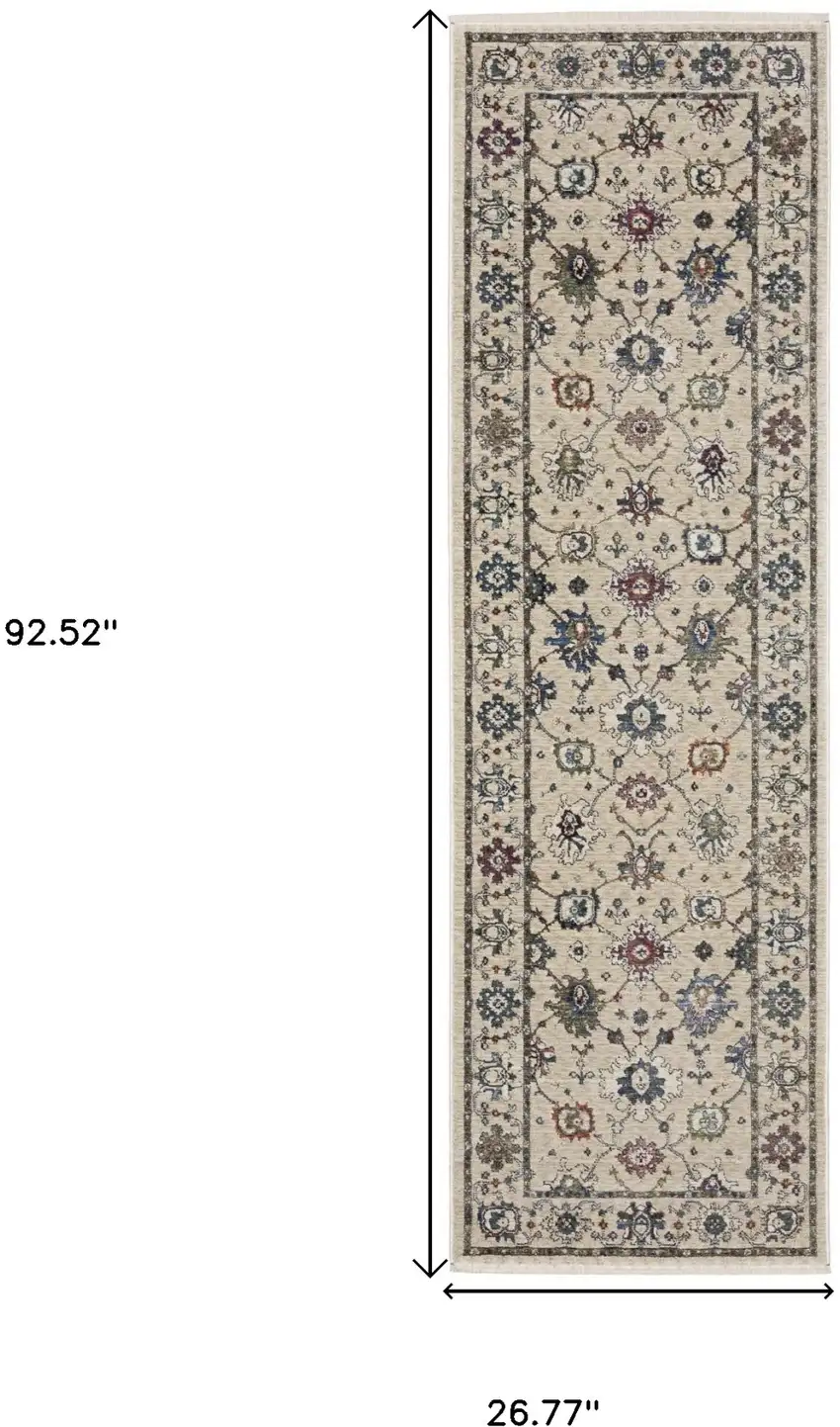 8' Ivory Tan And Blue Floral Runner Rug With Fringe Photo 3
