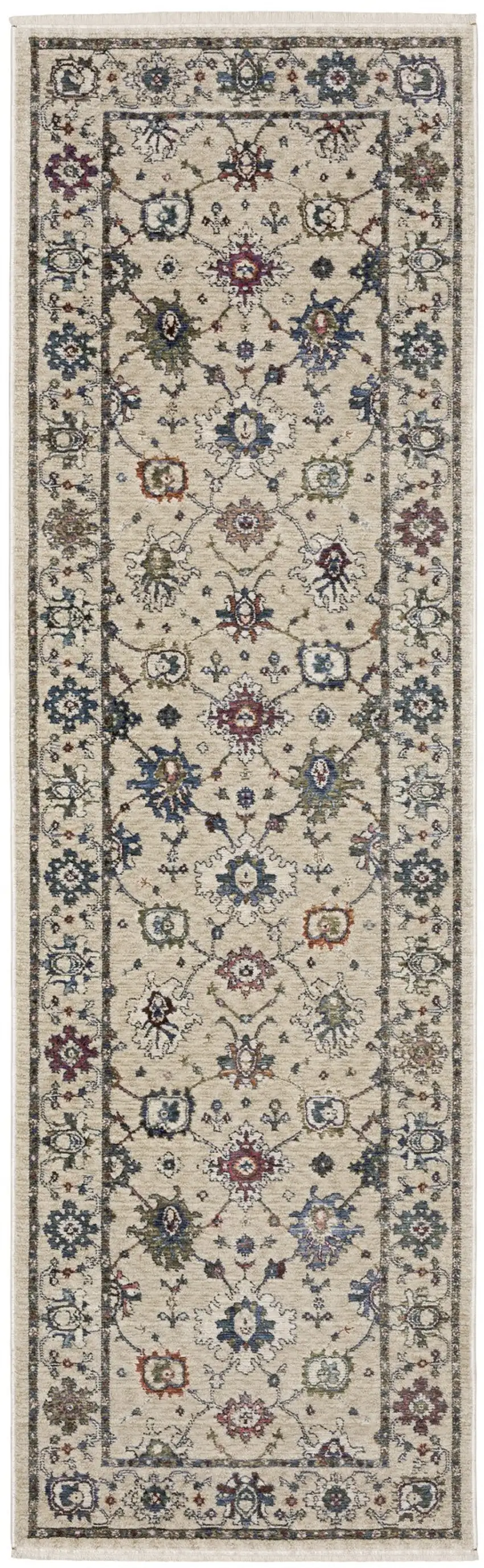 8' Ivory Tan And Blue Floral Runner Rug With Fringe Photo 2