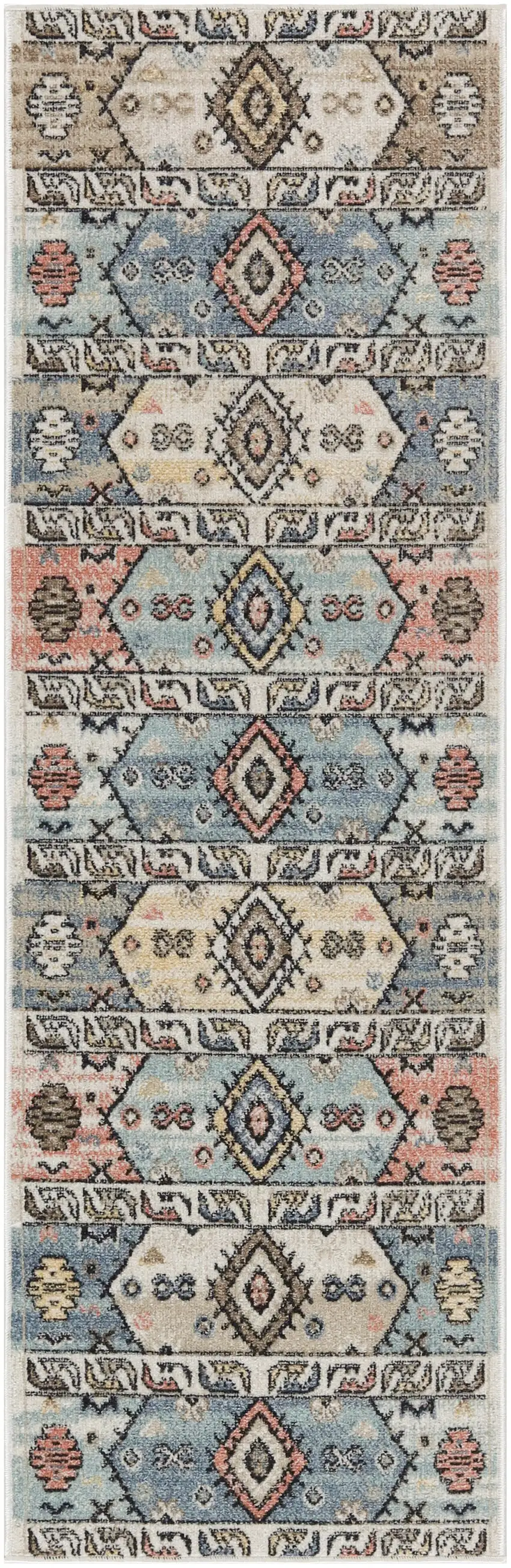 6' Ivory Tan And Blue Geometric Flatweave Runner Rug Photo 2